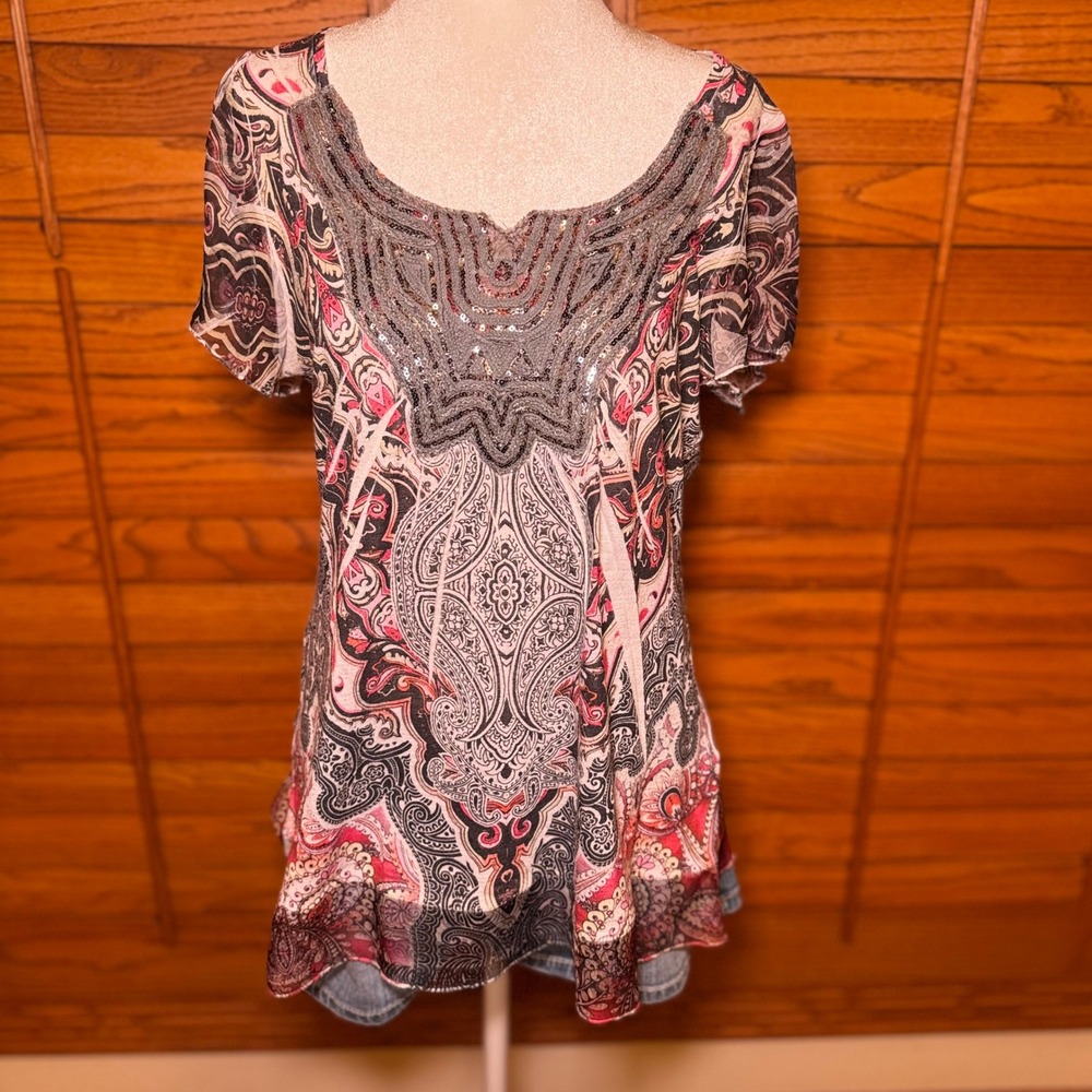One World Womens Paisley Sequin Embellished Short Sleeve Top Red Black Large